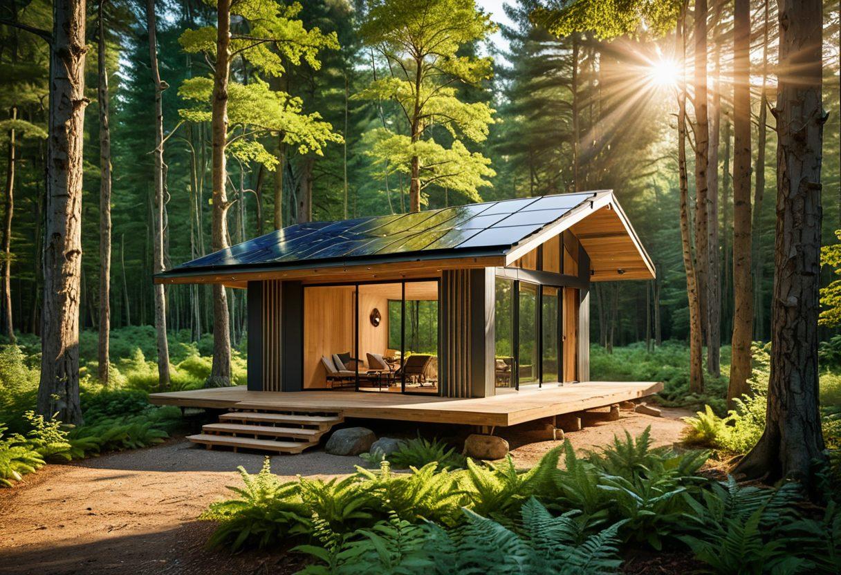 A serene landscape featuring a lush emerald green forest, symbolizing wellness, with a tranquil path leading to a cozy travel cabin. Incorporate tech elements like solar panels and smart devices subtly integrated into nature. A joyful traveler captured enjoying nature with a digital device in hand, showcasing the fusion of lifestyle and technology. Warm sunlight filtering through the trees, inviting and vibrant atmosphere. vibrant colors. super-realistic.