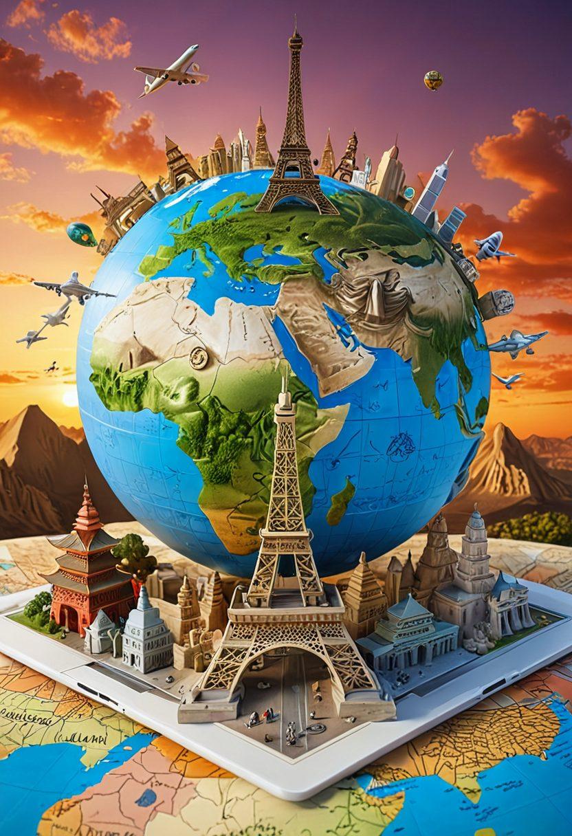 A captivating globe surrounded by various iconic landmarks such as the Eiffel Tower, Great Wall of China, and pyramids, intertwined with financial symbols like coins, dollar signs, and a calculator. A diverse group of travelers engaged in discussions and planning with maps and laptops, showcasing the blend of travel and finance. The background features a vibrant sunset sky, enhancing the overall travel theme. super-realistic. vibrant colors. 3D.