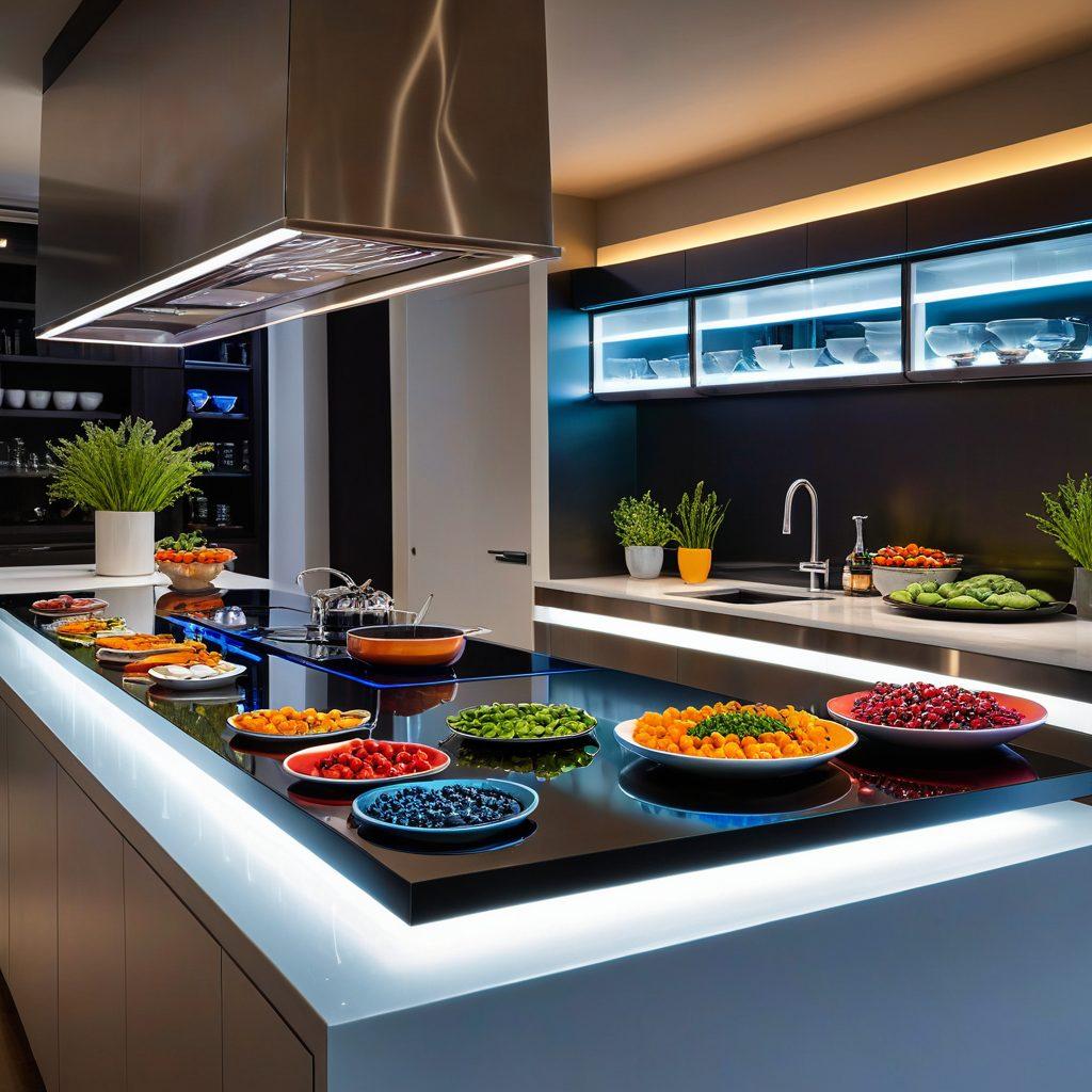 A futuristic kitchen featuring high-tech cooking gadgets, blending seamlessly with colorful gourmet dishes elegantly plated. Include a holographic recipe display above the countertop, showcasing innovative ingredients and cooking techniques. The overall atmosphere radiates a fusion of technology and culinary artistry, with soft LED lighting highlighting the scene. modern design elements with sleek lines. super-realistic. vibrant colors.